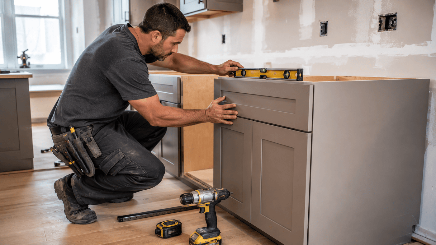 Installer leveling kitchen base cabinet during RTA cabinet installation